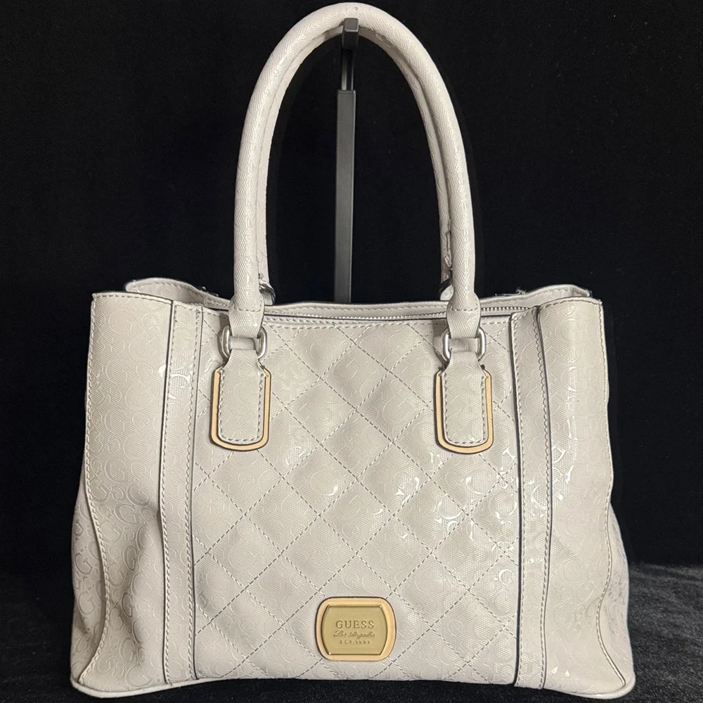 GUESS Glossy Cream Quilted Satchel